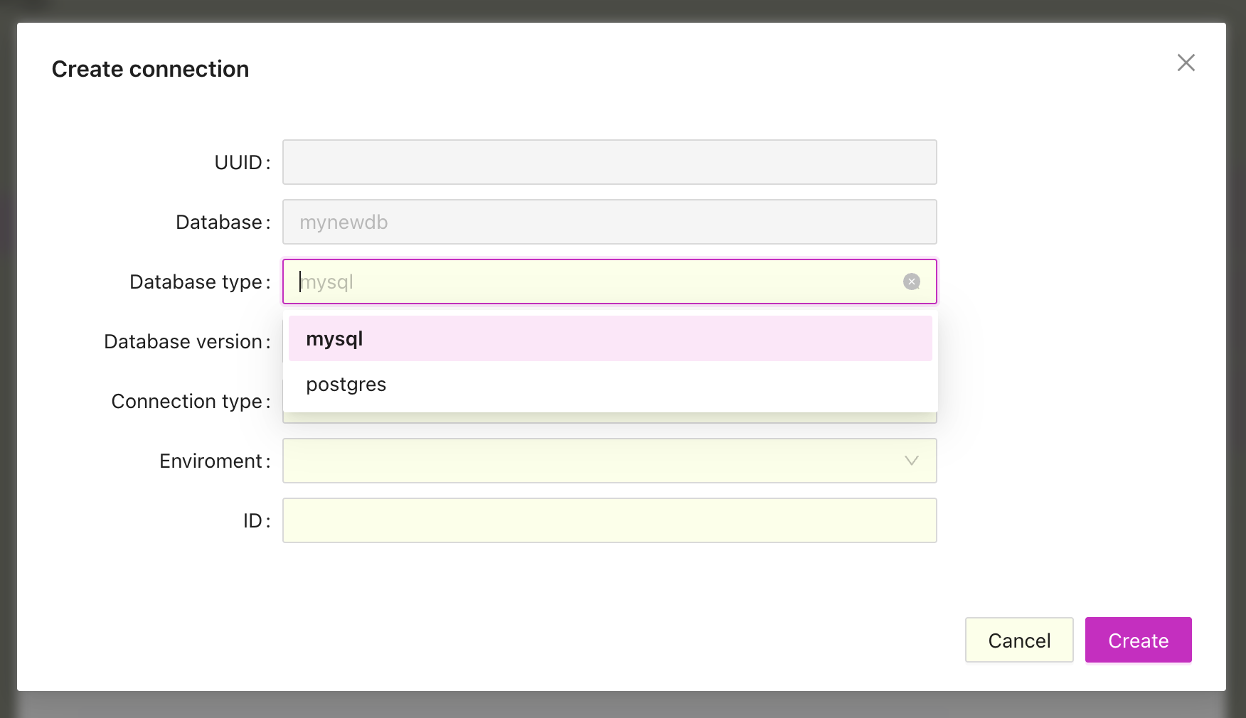 Team settings database connection form